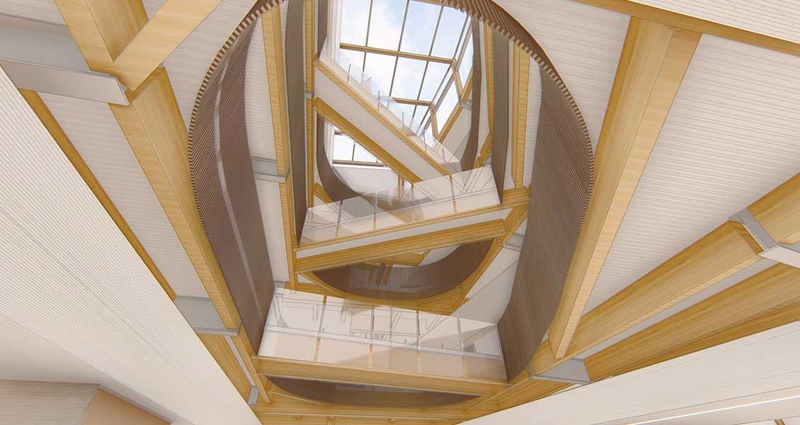 Architectural interior rendering with exposed timber beams, curved stairs and a glazed roof