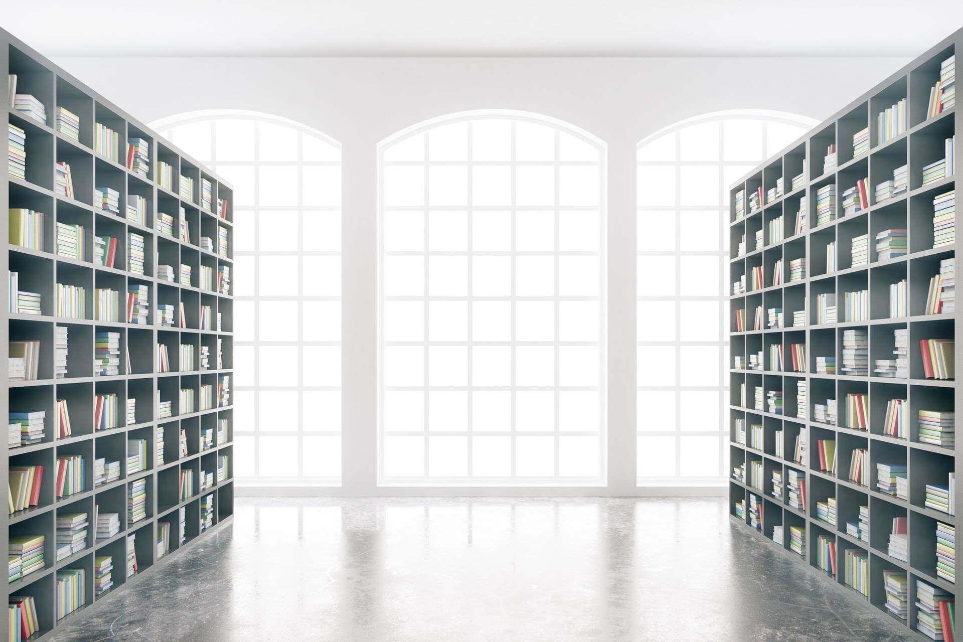 Bookshelves beside tall arched windows in a building interior