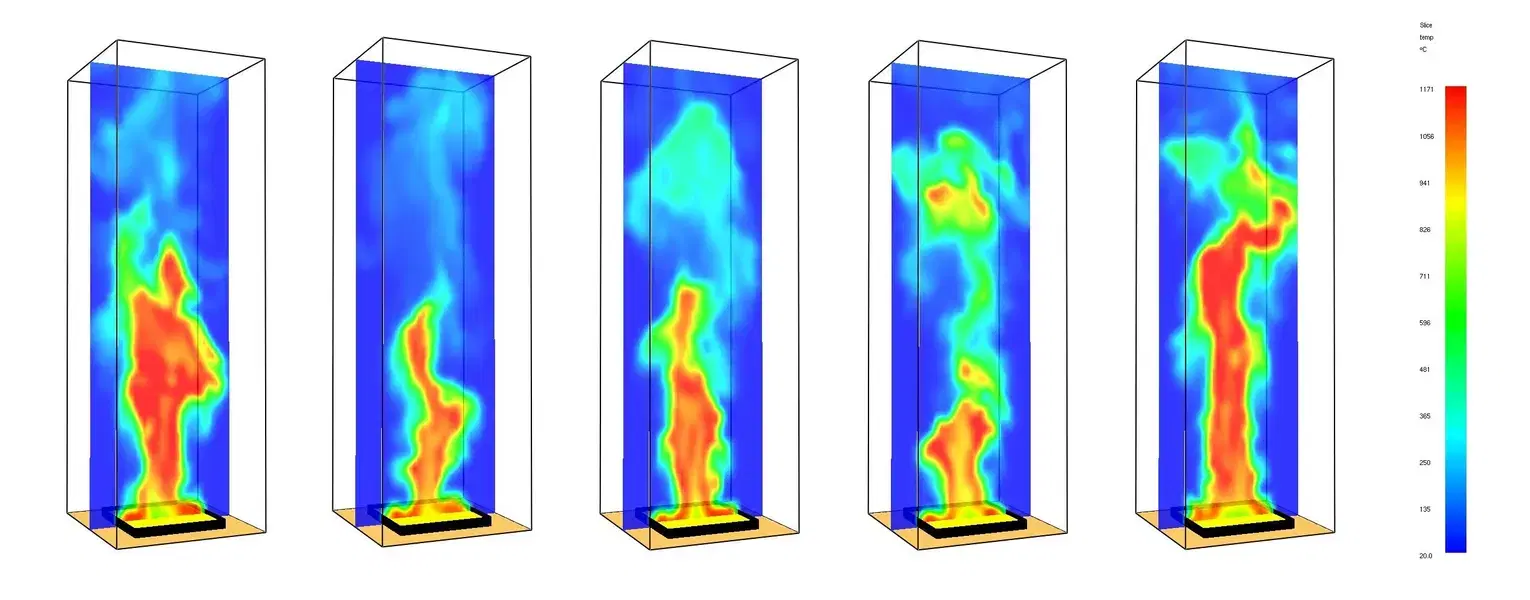 Series of coloured computational fire simulation results