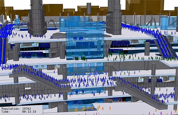 Pedestrian simulation showing people on several building levels